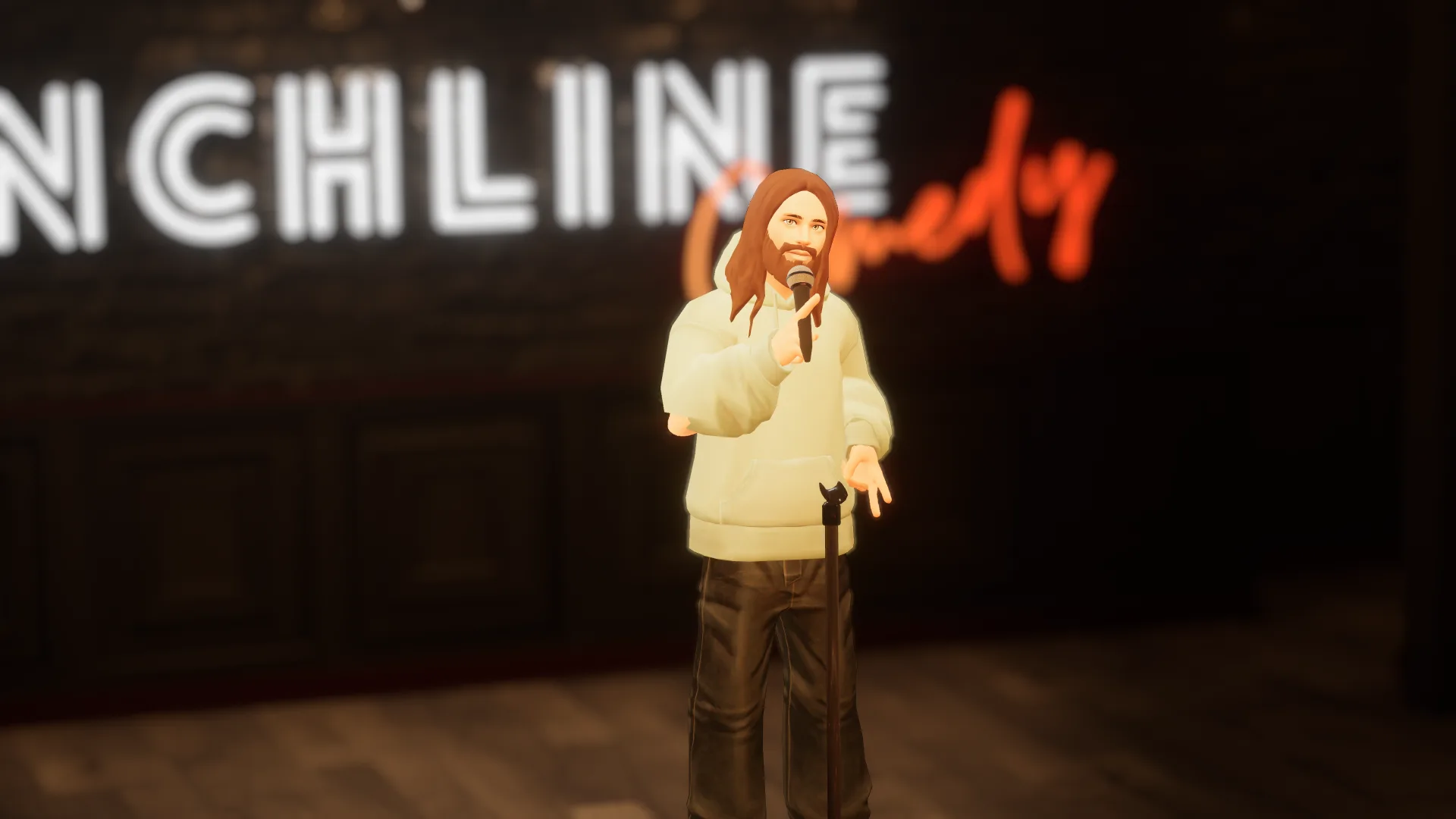 Comedian performing on the Punchline stage